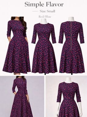 Navy Midi Dress with Pink Floral Print